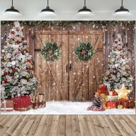 Felortte 12x8FT Polyester Fabric Winter Christmas Rustic Barn Wood Door Photography Backdrop Xmas Tree Snow Background Banner for Family Holiday Party Decoration Supplies Photo Studio Props Pictures