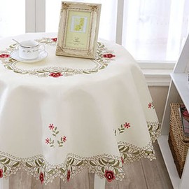 LeLehome 86" Round Flower Embroidered Lace Tablecloth, Elegant Floral Vintage Classic Large Table Cloth Cover for Home Dining Kitchen Decoration, Red Rose
