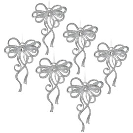 com-four® 6 x Christmas Tree Decorations in Bow Shape, Christmas Decoration in Festive Colours, Glittering Pendants for Christmas (Silver, Bow, Pack of 6)