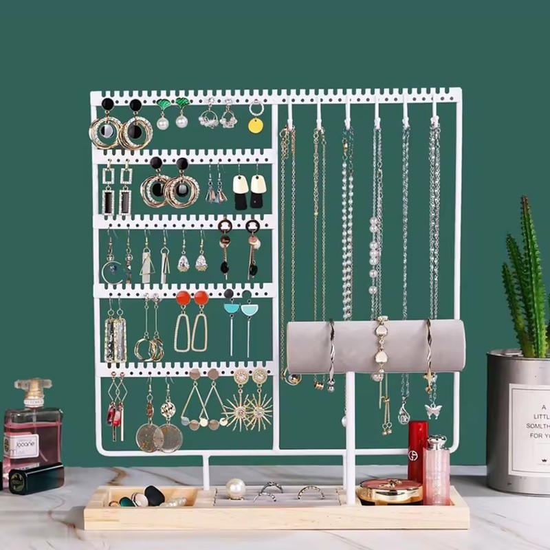 Metal Jewelry Organizer Stand with Wooden Tray, Multi-Tier Earring, Necklace,