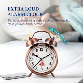 Super Loud Alarm Clock for Heavy Sleepers,4 inches Twin Bell Alarm Clock with Backlight,Battery Operated,Silent Non Ticking,for Kids,Adults,Bedrooms,Retro Decor Desk Analog Clocks. (Copper Red)
