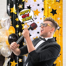 LOLStar New Years Decorations 2025 Black Silver Gold 2Packs Foil Fringe Curtains 3.3X6.6ft Each,Star Pattern is Perfect for New Years Eve Party Supplies,Black and Gold Happy Birthday Party Decorations