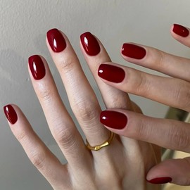 Noerrors Short Square False Nails, 32Pcs Glue on Nails Burgundy Glossy Solid Colour Nail Tips Stick Press on Nails Full Cover Acrylic Fake Nail for Christmas Women Girls Nail Art Manicure