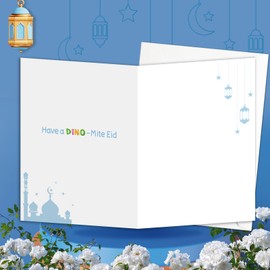DPKOW Dino Eid Mubarak Card for Kids, Happy Eid Card, Eid Mubarak Greeting Card with Envelope, Islamic Eid Gifts for Kids Family, Dinosaur Keyring Eid Birthday Gifts