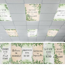 6pcs Fluorescent Light Covers, 4 x 2 Feet Magnetic Light Cover Eucalyptus Motivational Fluorescent Lights Shade Panel Greenery Positive Ceiling Lights Filters for Office Classroom Home Drop Ceiling