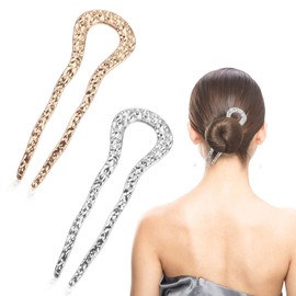 2pcs French Twist Hair Pin, Gold Silver Metal Chignon Hair Fork Vintage U-Shaped Hairpin Clip Fashionable All-Match Hairstyle Accessories for Women Buns