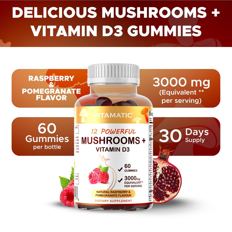 Vitamatic Mushroom Complex with D3, 60 Pectin Based Gummies