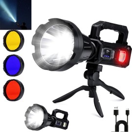 Solar Rechargeable Spotlight, 2,000,000 Lumens Led Spot Lights Outdoor Handheld Super Bright Long Range Flashlight with 6 Modes, 3 Colored Filters, Tripod, USB C, IPX6 Waterproof for Fishing Boating