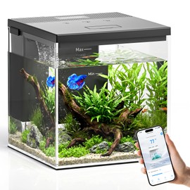 PAWGETHER® Smart Fish Tank, 2.4 Gallon Glass Aquarium with App Control, Betta Nano Tank Wireless Quiet Pump 5-Stage Filtration Water Flow Lighting Timers 11-Color Temp Monitor for Desk Home Office