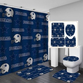 Namdeva 4PCS Sports Shower Curtain Set, American Football Navy Blue Texas Star Grey Helmet Quotes Championship Touch Down Man Cave Bathroom Decor, Non-Slip Bath Mat Toilet Rug, Gifts for Men Husband