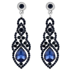 BriLove Women's Wedding Bridal Crystal Art Deco Teardrop Hollow Chandelier Dangle Earrings Sapphire Color Silver Tone