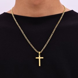 Fiusem Cross Necklace for Men, Stainless Steel Mens Cross Necklaces with 3.5mm Figaro Cross Chain, Small Gold Plated Cross Chain Necklace, 24Inch