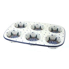 Blue Rose Polish Pottery - Blue Rustic Pines Muffin Pan - 11.5" x 8" - Ceramic Baking Dish, 6-Cup Muffin & Cupcake Pan