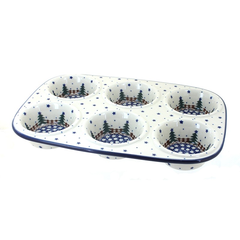 Blue Rose Polish Pottery - Blue Rustic Pines Muffin Pan
