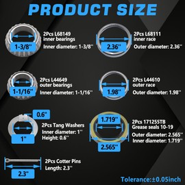 LUXTRKSTO 2 Sets L68149 L44649 Trailer Hub Bearings Kit with D-Style Spindle Tang Washers, 171255TB/10-19 Grease Seals & Cotter Pins for 3500 lbs 1-3/8'' to 1-1/16'' #84 Tapered Spindle Axle