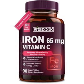 Vitacook Iron Supplement for Women Men | High Potency Iron 65mg with Vitamin C 250mg | Stomach Friendly Iron Pills for Red Blood Cell & Immune Support | Vegan, Non-GMO & Gluten Free | 90 Tablets