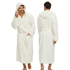 PJGGZ Men's Bathrobes with Hood, Soft Long Towel Robe for Men - Super Absorbent Quick Dry yet Warm (Off White, S/M)