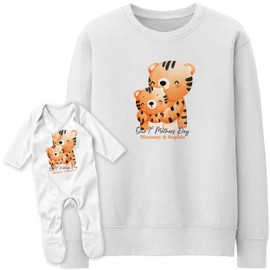 Purple Print House 1st Mothers Day Custom Matching Sweatshirt Romper Suit Set Mummy Daughter Tigers Twinning Outfit, 3-6 Months, White