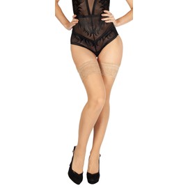 BANANALU XS to 4XL Hold-Up Stockings 20 Denier Lace Waistband 9 cm Floral Pattern Sexy Overknee Stockings, natural