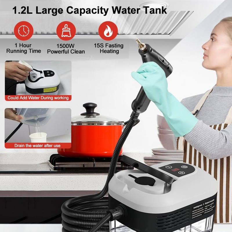 Steam Cleaner, 6-Levels Adjustable Switch Handle, 15s Heat-Up, 1.2L Tank,
