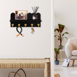 Karisky Key Holder Rack for Wall, 10 Inches Wood Wall Mount Scalloped Entryway Shelf with 5 Metal Hooks for Sunglasses, Dog Leash, Bags, Coats, Umbrella, Black