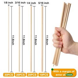 HAPY SHOP 80 Pieces Wooden Dowel Rods Assorted Sizes Dowel Rods 1/8, 3/16, 1/4, 5/16 x 11.8 Inch Unfinished Natural Wood Craft Dowel Rods for Crafts and DIY