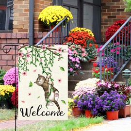 Louise Maelys Welcome Spring Garden Flag 12x18 Double Sided, Burlap Small Cat Flower Floral Yard for Seasonal Outside Outdoor House Decoration