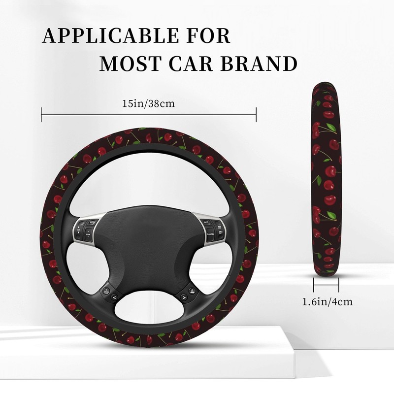 Red Cherry Steering Wheel Cover for Women, Universal 15 inch