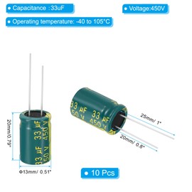 PATIKIL 450V 33uF Electrolytic Capacitors, 10Pcs 13x20mm Aluminum High Frequency Electrolytic Capacitors for TV, LCD Monitor, Refrigerator, Circuit Boards, Green