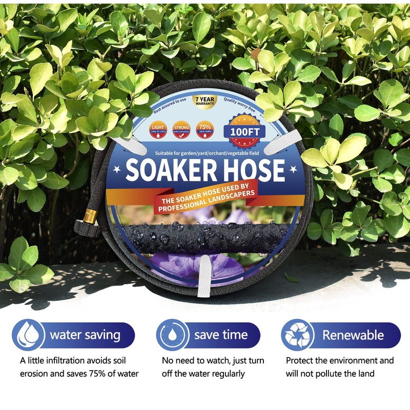 Soaker Hose 100 FT for Garden Beds, 1/2’’ Rubber Garden