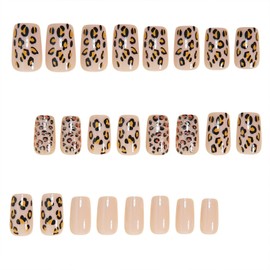 Short Press on Nails Cute Leopard Print Fake Nails Nude Brown Glossy False Nails with Design Square Acrylic Glue on Nail Full Cover Reusable Artificial Stick on Nails for Women Girls 24Pcs