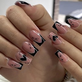 Black Love Heart Press on Nails Medium Square Valentines Fake Nails with Silver Glitter Design French Tip False Nails Valentine Love Heart Glue on Nails Artificial Stick on Nails for Women Girls