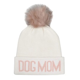Hatphile Dog Mom Dog Lover Stretchy Faux Fur Pompom Knit Beanie Skully Toque (White Hat Pink Dog Mom Pink Pompom)
