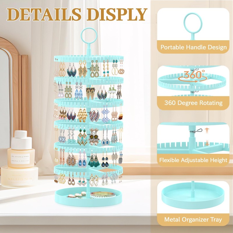 MODOWEY Rotating Earring Holder Organizer Display Tree with Metal Tray,
