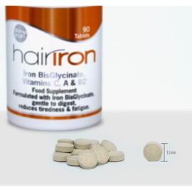 HAIRIRON - High Strength Iron Supplements - Gentle Iron BisGlycinate 30mg with Vitamins C, A & B2 Tablets, Vegan Supplements for Men & Women's Health - 90 Tablets.