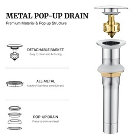Pop up Sink Drain Stopper for Bathroom Vessel Vanity Sink Art Basin Chrome, Big Cap Without Overflow, Metal Pop-up Drain Strainer with Detachable Basket Stopper