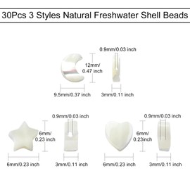KitBeads 30pcs 3 Styles Natural Freshwater Shell Beads Valentine Sweet Heart Beads Seashell Color Star Moon Beads for DIY Bracelet Necklace Jewelry