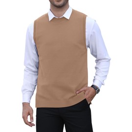 KUYIGO Men's Sleeveless Vest Classic Business Crew Neck Knitwear Knitted Vest Sweater Cardigans Tank Tops, apricot
