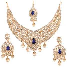 Touchstone Indian Bollywood Desire Legendary Style Faux Blue Sapphire Grand Designer Bridal Jewelry Necklace Set In Antique Gold Tone For Women