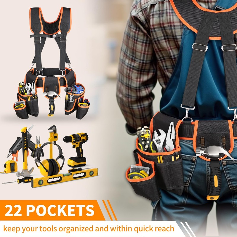 Tool Belt With Suspenders, 22 Pockets Tool Bags, Multi-Functional Adjustable