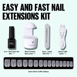 TOMICCA Nail Extension Kit, French Nail Tips and Glue Gel Kit, 240 PCS Extra Short Coffin Nail Tips with Portable Nail Lamp UV And 8 in1 Nail Glue,DIY Nail Art Tools Gel Nail Extension Kit