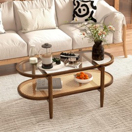 MAT EXPERT Rattan Coffee Table, 2 Tier Boho Oval Living Room Table w/Glass Tabletop Wood Frame & Storage Shelf, 40’’L Mid Century Modern Tea Table, Center Table for Living Room Home Office, Brown