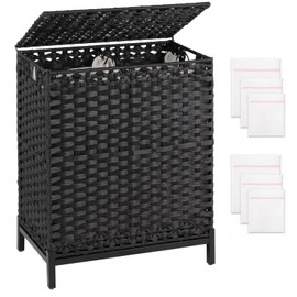 SETVSON Laundry Hamper with Lid, 112 L Handwoven Rattan Wicker Laundry Basket, 2 Removable Liner Bags Metal Heightened Feet, 6 Mesh Bags, 2 Section Large Clothes Hamper for Bathroom Bedroom, Black