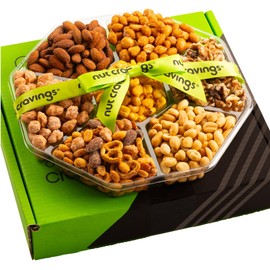 NUT CRAVINGS - Valentines Mixed Nuts Gift Basket + Green Ribbon Classic (7 Assortments, 1 LB) Xmas Treats for Adults, Food Arrangement, Healthy Snack Care Package, Kosher