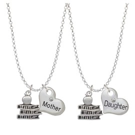 Delight Jewelry Silvertone Antiqued School Books with an Apple Mother & Daughter Heart Necklaces (Set of 2), 19"+2"