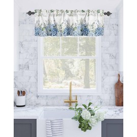 Gypxeni Blue Flowers Valances for Windows 1 Panel, Hydrangea Wildflowers Leaves Farm Valance Kitchen Curtain Rod Pocket Decor Curtains Window Treatment for Living Room, Bedroom 54" x 18"