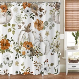 GCIREC Fall Watercolor Pumpkin Shower Curtain, Autumn Thanksgiving Harvest Pumpkins with Floral Bathroom Curtain Bathtub Home Decor Waterproof Fabric Machine Washable with 12 PCS Hooks,72" Wx72 L