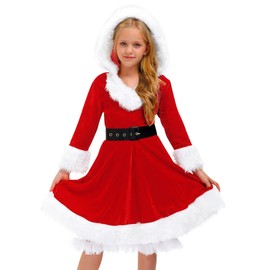 BesserBay Christmas Mrs. Santa Claus Costume Red Velvet Hoodie Dress with Belt for Big Girls 13-14 Years