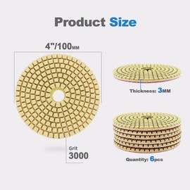 Wet Diamond Polishing Pads,HIGHDRIL 6pcs 100MM #3000,for Granite Marble Sanding Used on Grinder or Polisher