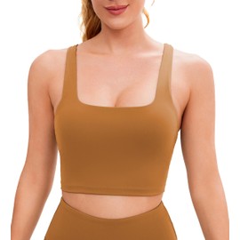 JOYSPELS Square Neck Longline Sports Bra Open Back Strappy Workout Crop Tank Tops for Women Yoga Padded